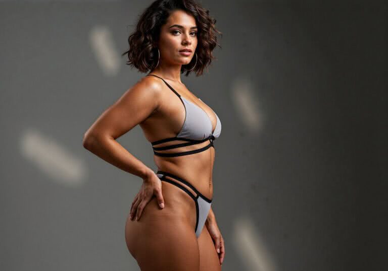 Odkryj seksapil skąpego trikini – modowa propozycja dla brunetki na artystycznej sesji