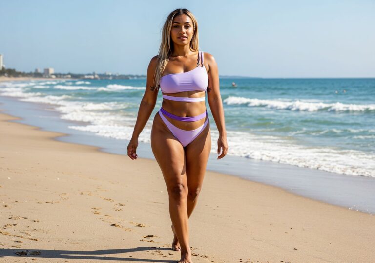 Asymetryczne bikini w lawendowym odcieniu – idealny wybór dla śniadej blondynki na plażowe spacery