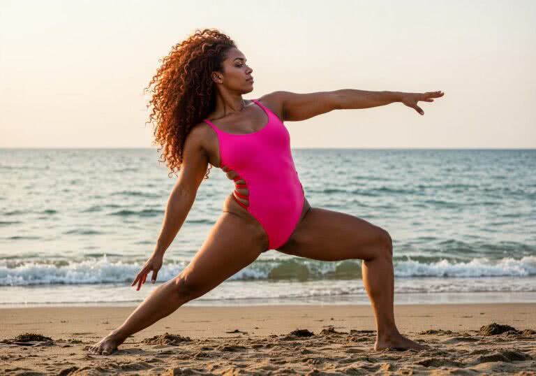 Malinowe monokini z wysokim wycięciem – seksowny strój dla rudowłosej fitness na plaży