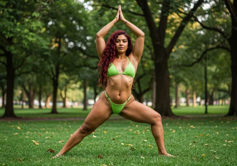 Minimalistyczne trikini string – stylowy wybór dla rudowłosej latynoski na jogę w parku