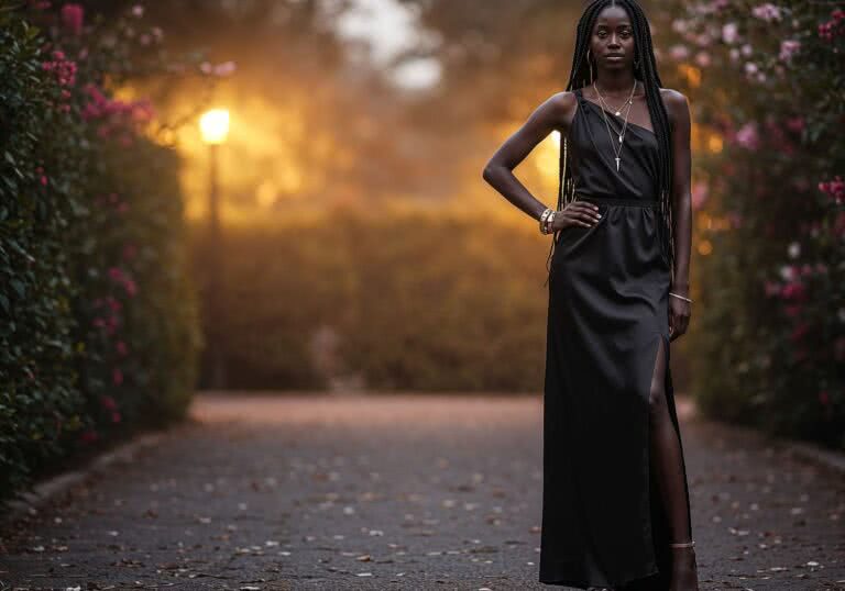 Wiosenna prowokacja w czerni – elegancka maxi sukienka dla sudańskiej piękności
