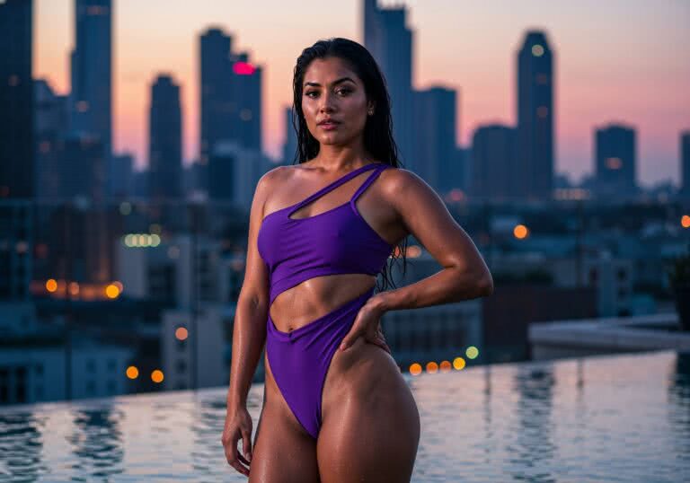 Zmysłowe monokini z asymetrycznymi paskami – propozycja dla śniadej 25-latki na basenie na dachu