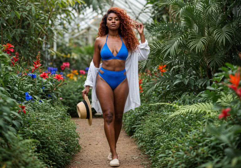 Zmysłowe trikini halter – letnia elegancja dla blondynki o ciemnej karnacji