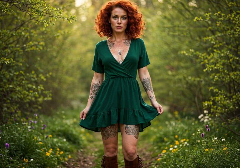 Wiosenna dzikość – seksowny look dla rudowłosej Szkotki w zieleni natury