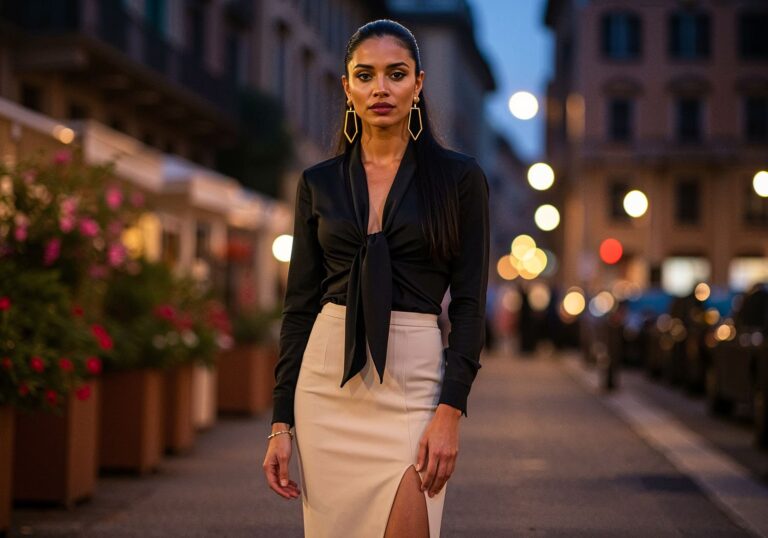 Wiosenna elegancja z prowokacyjnym akcentem – stylizacja dla włoskiej brunetki na wieczór