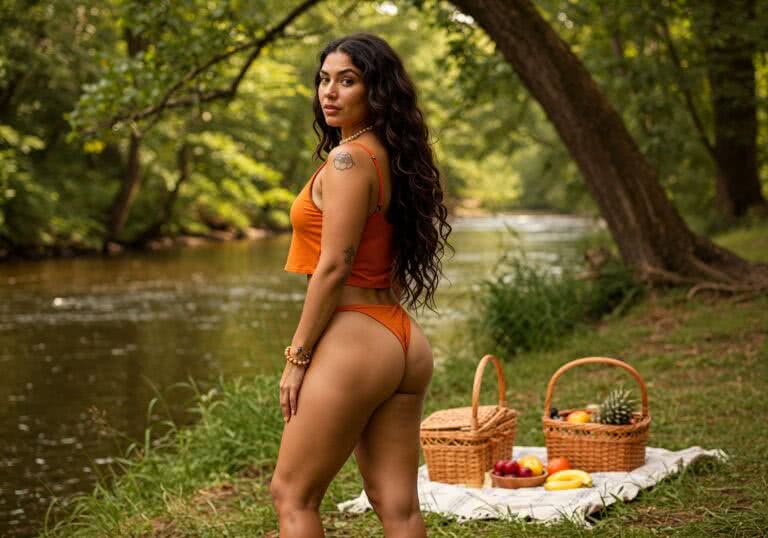 Odkryj odważny mikro tankini – stylowa opcja dla brunetki na pikniku nad rzeką
